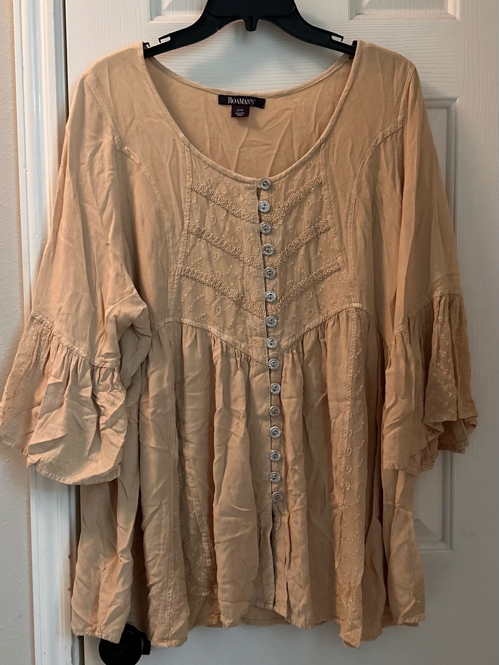 Roaman's Beige Button-Front Peasant Tunic